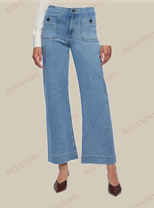 Jeans wide leg blu denim donna con tasche applicate - Terranova - immagine 2