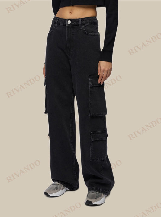 Jeans cargo nero denim donna con tasche laterali - Terranova - immagine 2