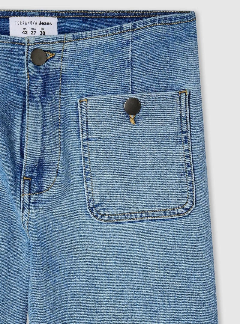 Jeans wide leg blu denim donna con tasche applicate - Terranova - immagine 6