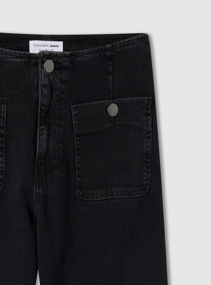 Jeans wide leg nero denim donna con tasche a bottone - Terranova - immagine 5