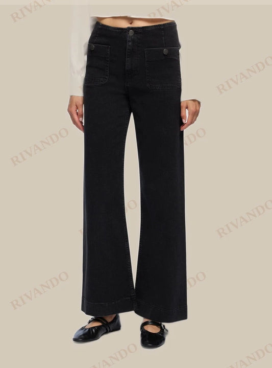 Jeans wide leg nero denim donna con tasche a bottone - Terranova - immagine 2