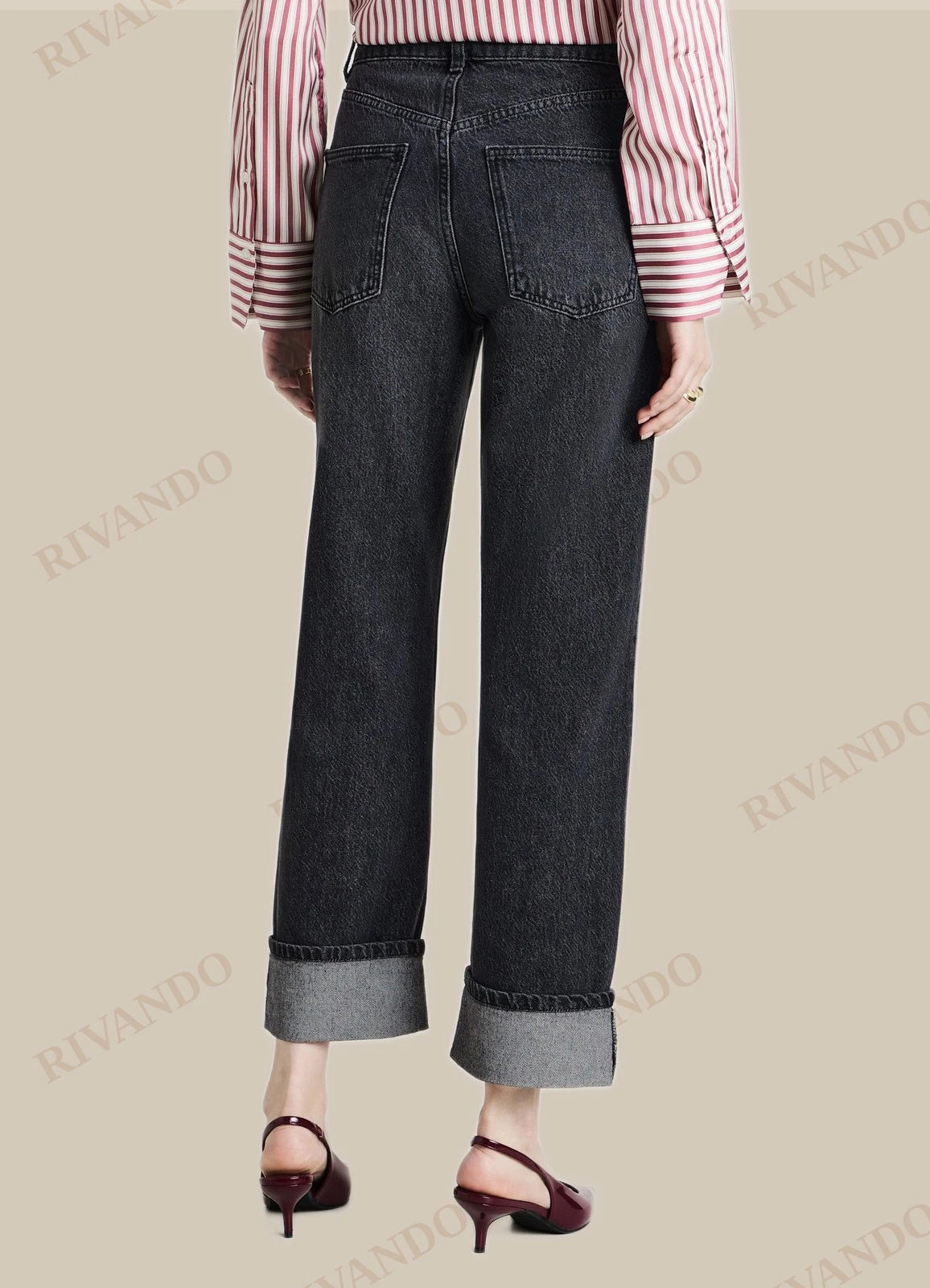 Jeans nero straight con risvolto
