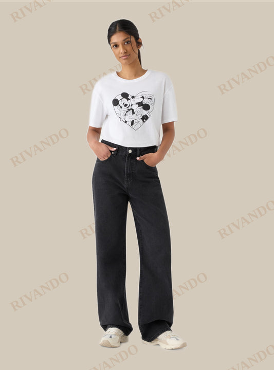 Jeans wide leg nero denim donna vita media - Terranova - immagine 1